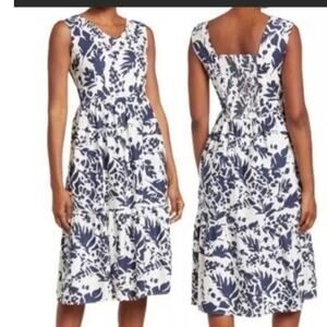 Magaschoni midi linen blend navy white floral dress smocked back tiered sz 8
